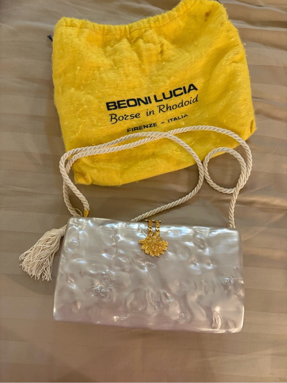 Vintage Beoni Lucia Italian Rhodoid Evening Bag in White with Gold Accent